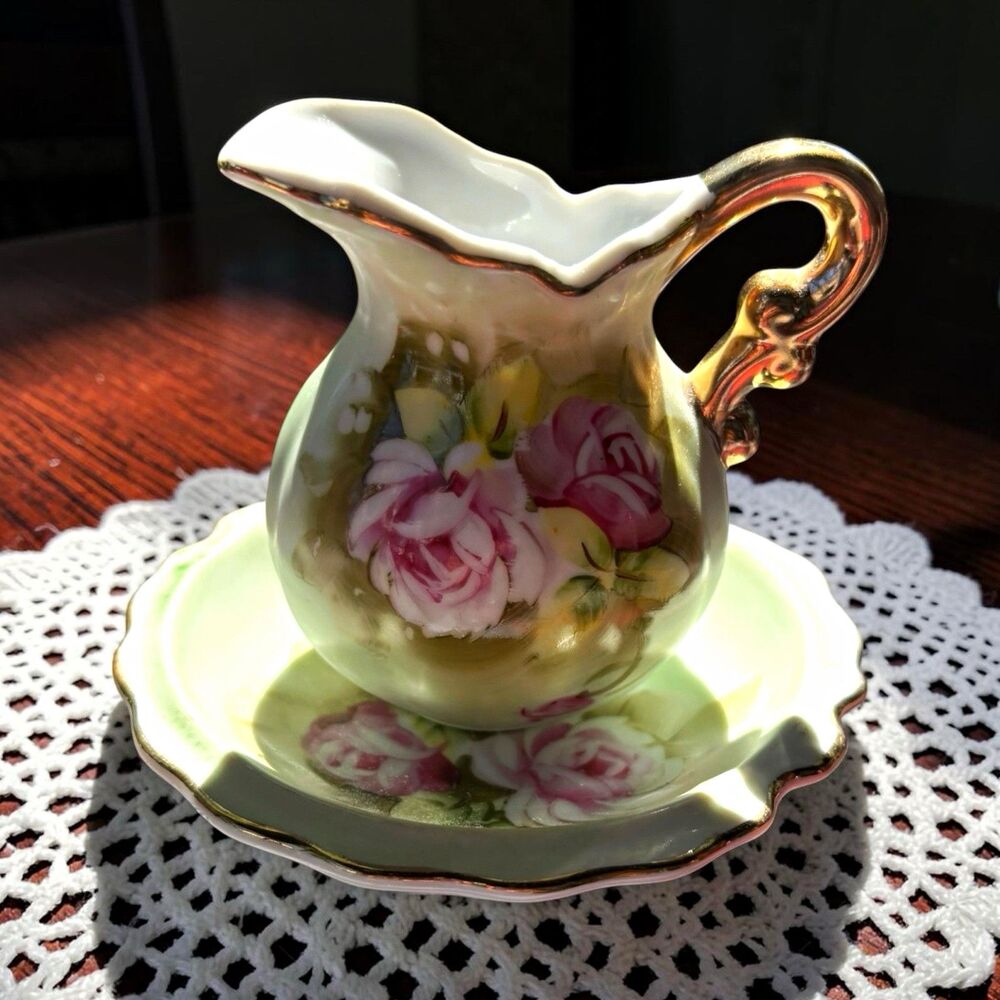 Lefton china Pink Roses Porcelain Creamer & Underplate Set 4577 1/4 Pt 1950s